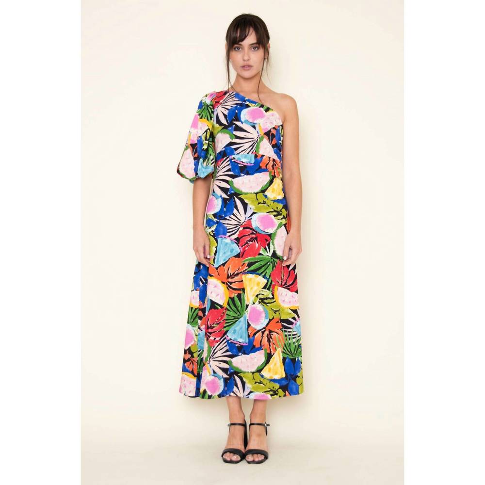 NEW FORE COLLECTION one shoulder maxi dress in black multi